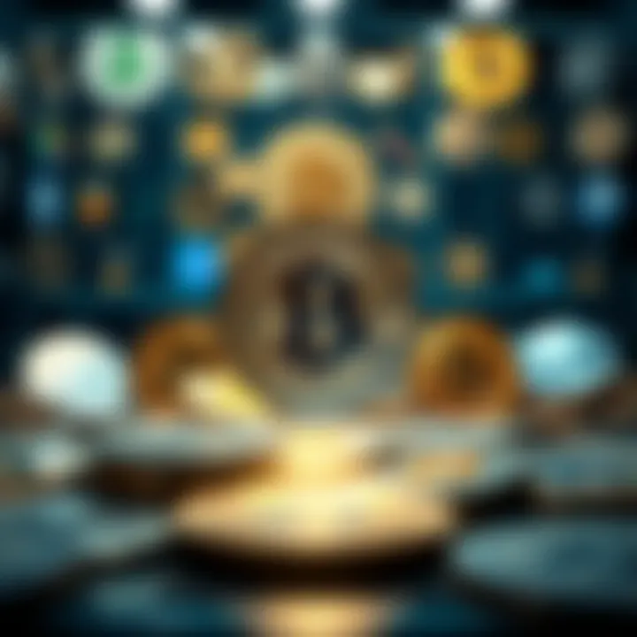Diverse Cryptocurrency Showcase A digital display of various cryptocurrency coins