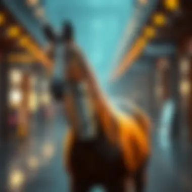 An artistic visualization of blockchain technology underpinning digital horse ownership