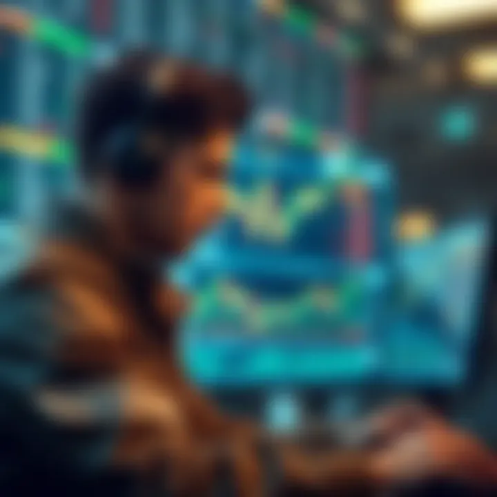 Trader Analyzing Market Trends A focused view of a trader analyzing market trends using a crypto trading simulator.