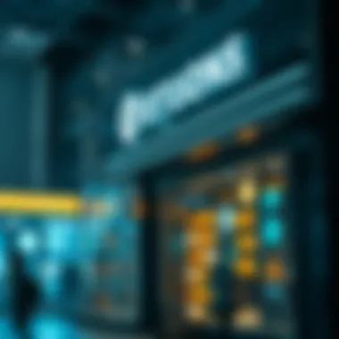 A futuristic store front displaying cryptocurrency logos prominently